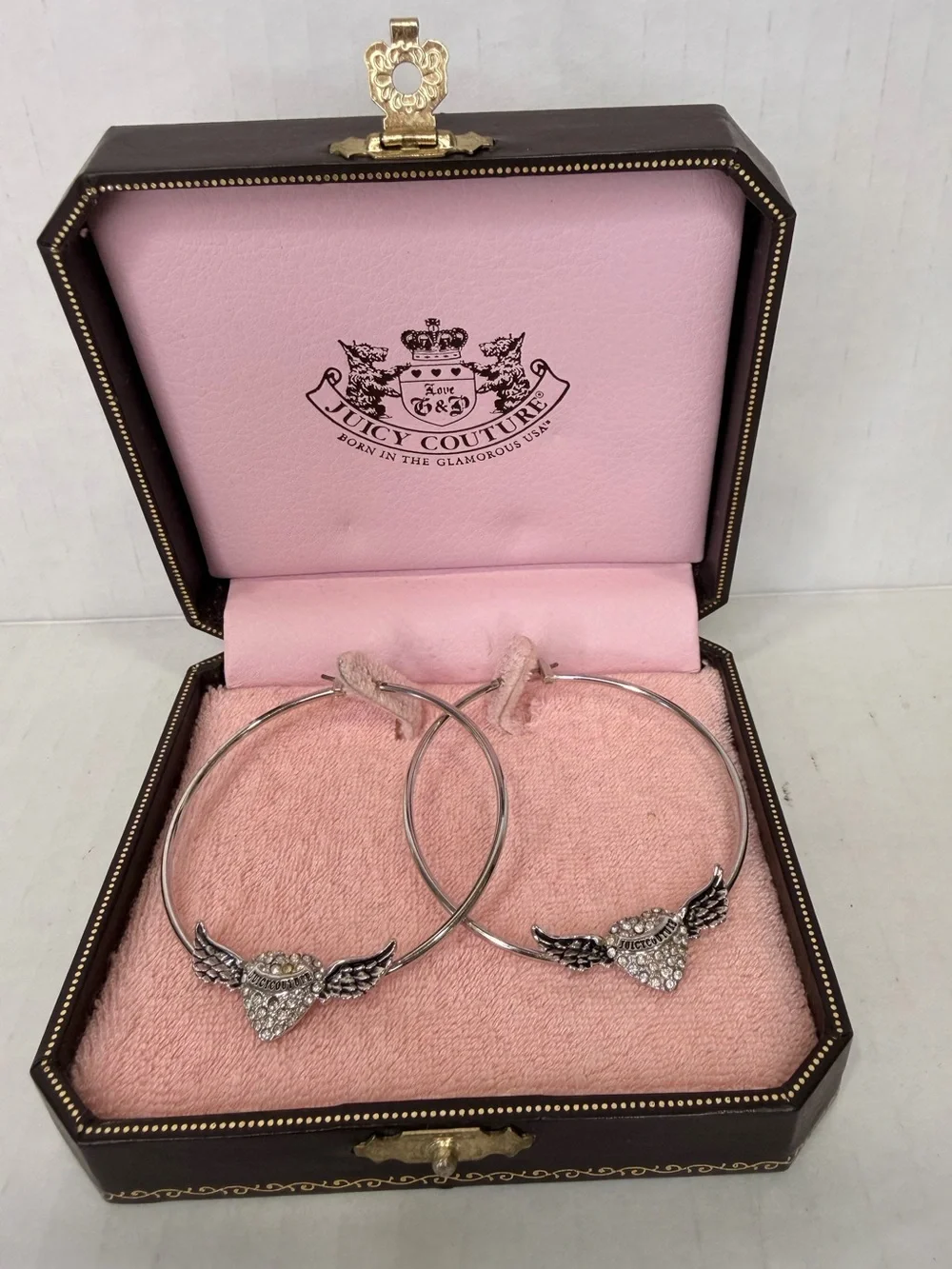 NWT Juicy Couture Silver Paved Heart with Wings Hoop Earrings
